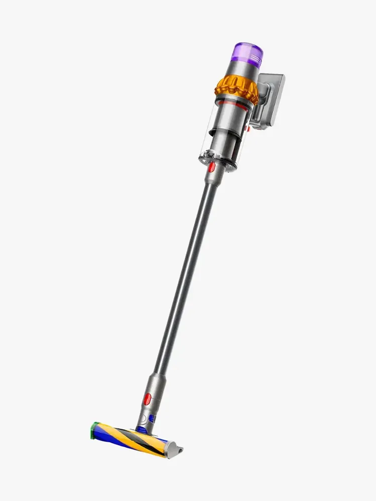 Dyson V15 ตรวจจับเครื่องดูดฝุ่นไร้สายในส่วนประกอบที่มีแบรนด์บนพื้นหลังสีเทาอ่อน