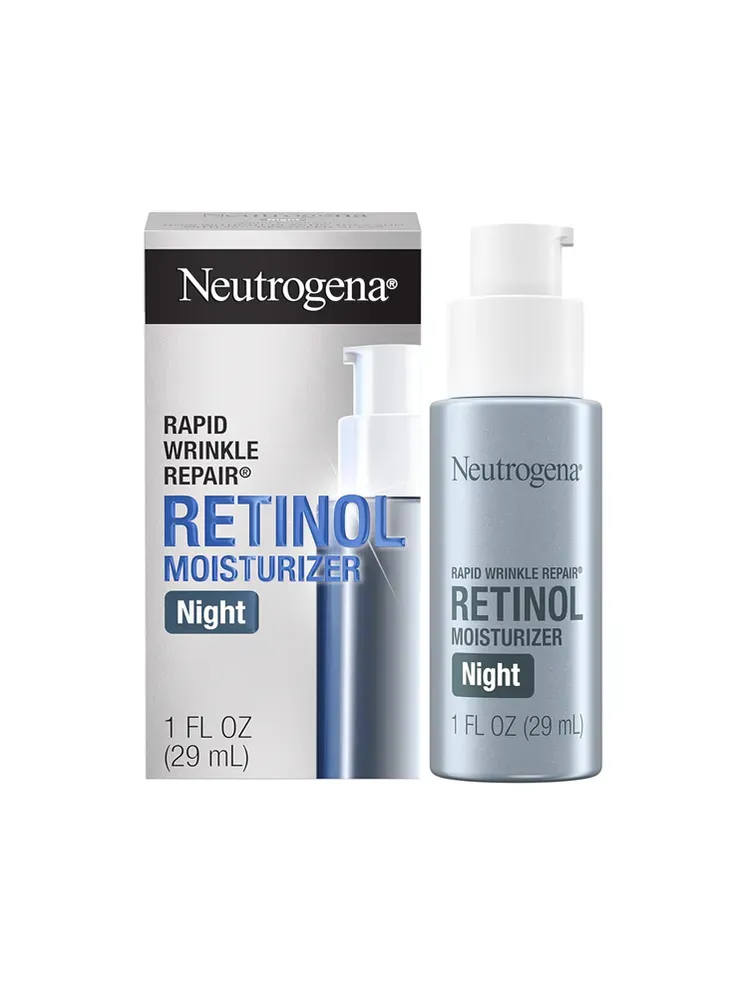 Зволожуючий крем з ретинолом Rapid Wrinkle Repair у приглушено-блакитній пляшці з білим насосом поруч із фірмовою упаковкою на білому тлі