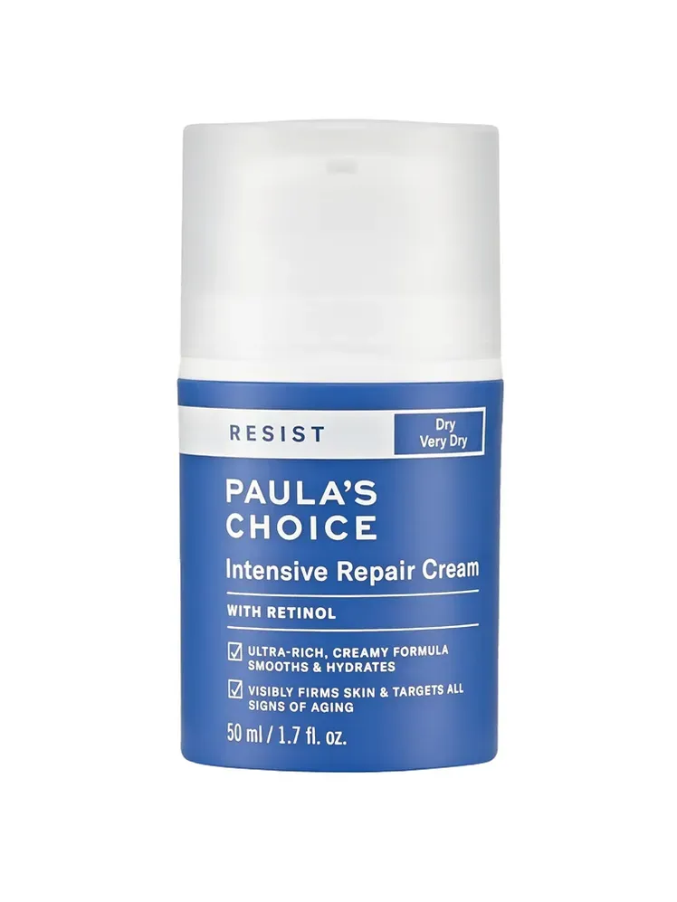 Інтенсивний відновлюючий крем у фірмовому блакитному флаконі з білим насосом на білому тлі