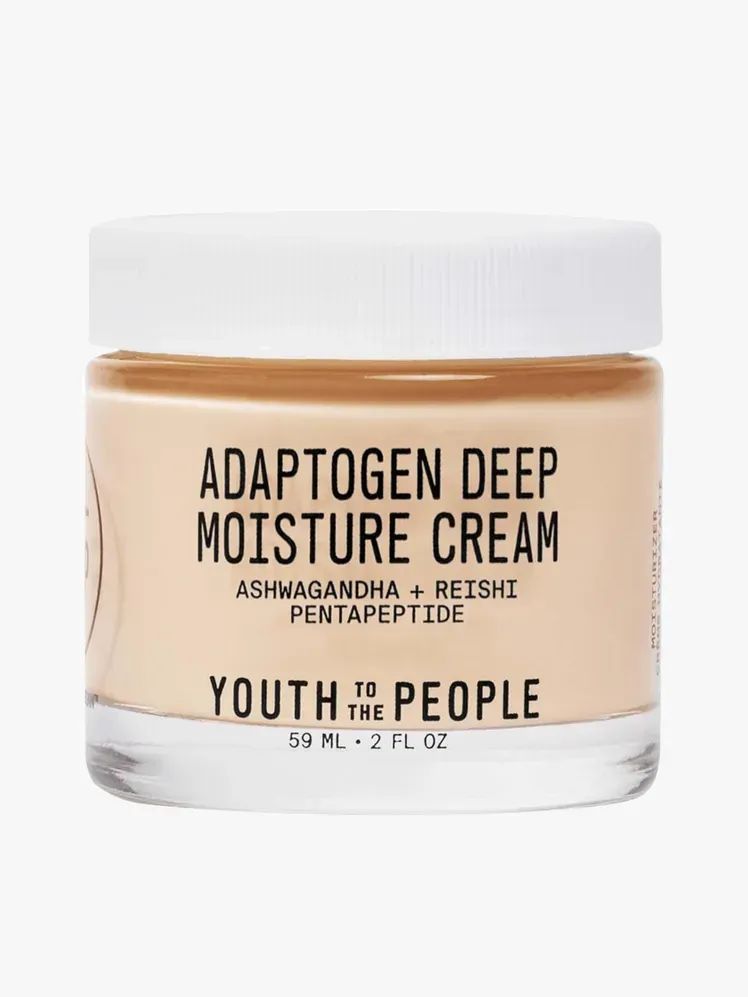 Глибоко зволожуючий крем Youth to the People Adaptogen у фірмовому компоненті на світло-сірому фоні
