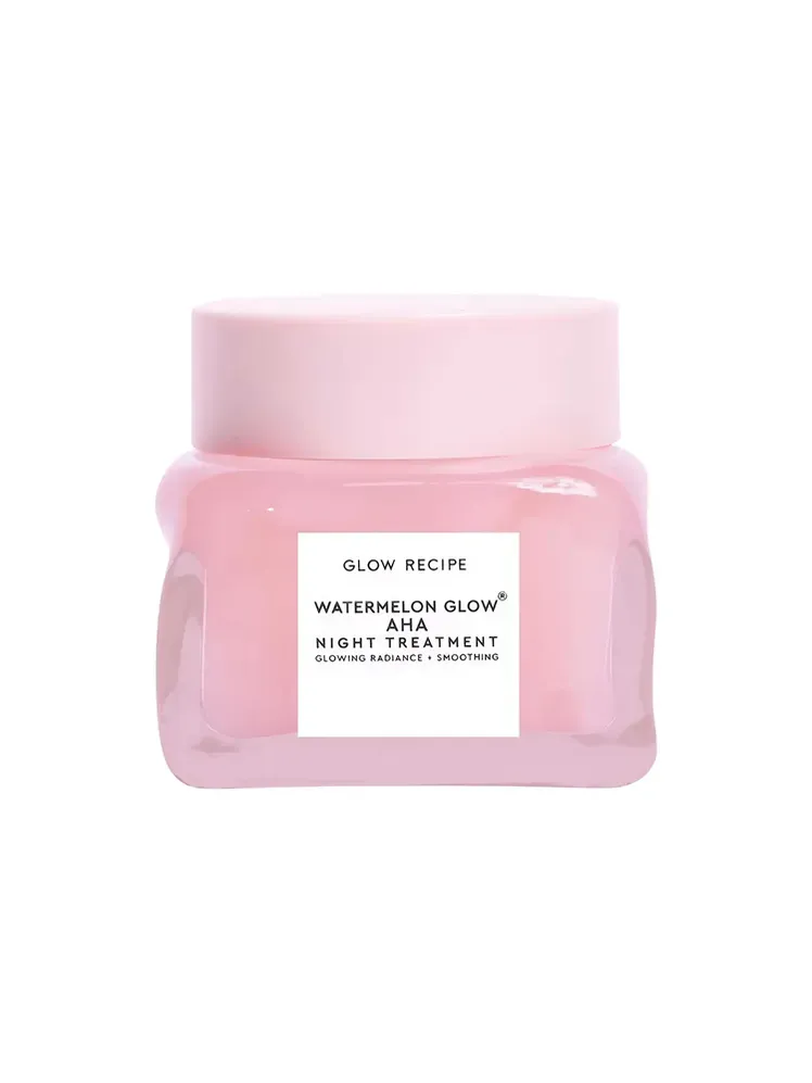 Watermelon Glow AHA Night Treatment у прозорій рожевій банці з рожевою кришкою на білому тлі