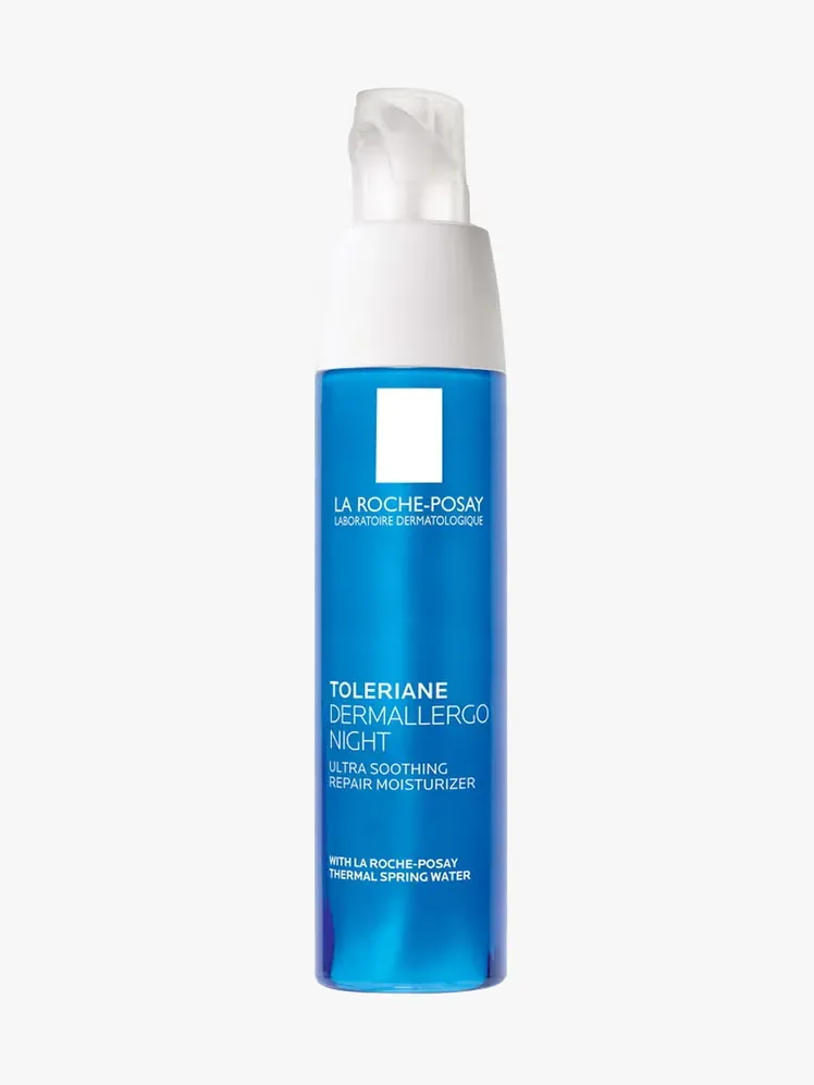 La Roche-Posay Toleriane Dermallergo Night Cream ในส่วนประกอบที่มีตราสินค้าบนพื้นหลังสีเทาอ่อน