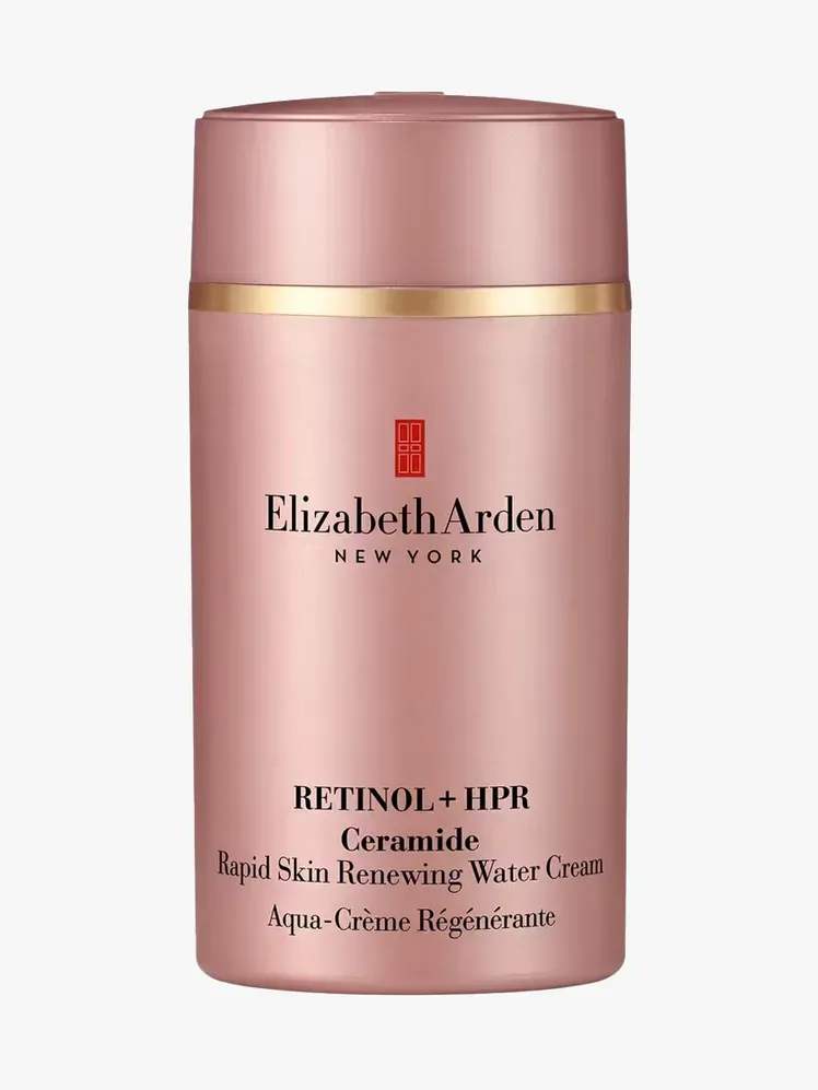 Elizabeth Arden Retinol + HPR Ceramide Rapid Skin-Renewing Water Cream ในส่วนประกอบที่มีแบรนด์บนพื้นหลังสีเทาอ่อน