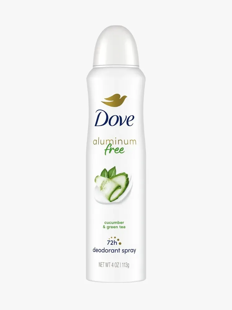 밝은 회색 배경에 브랜드 구성 요소로 구성된 Dove 알루미늄 프리 데오도란트 스프레이