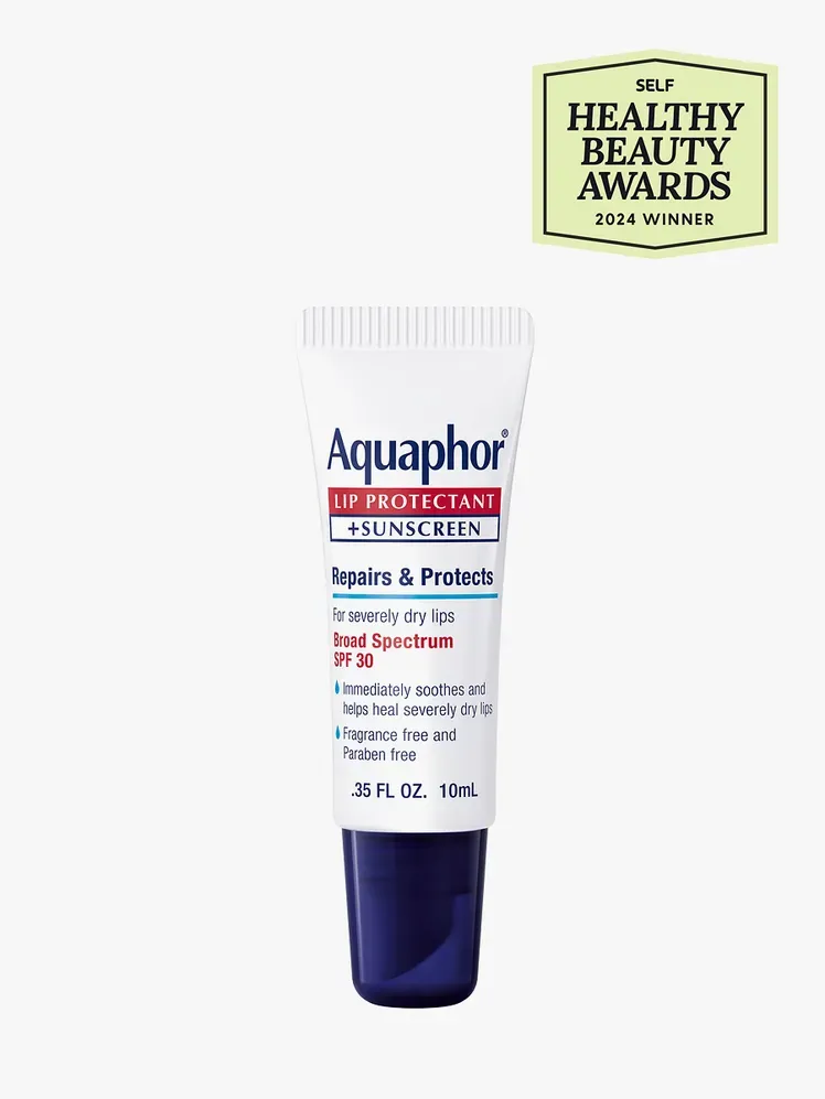 Protector de llavis + protector solar Aquaphor en tub blanc i marí de la marca amb segell dels premis de bellesa saludable