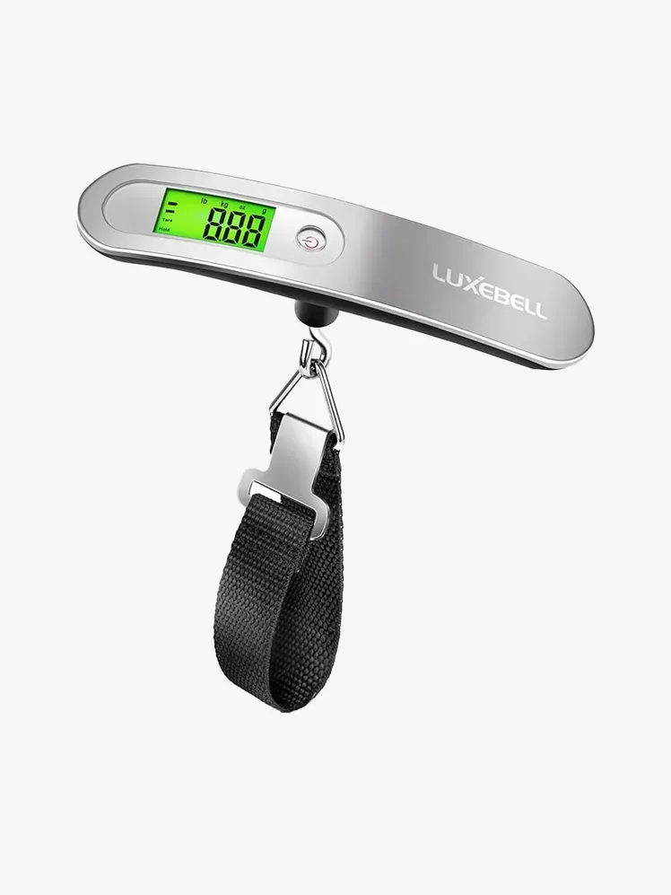 Açık gri arka plan üzerinde markalı bileşenli Luxebell Dijital Bagaj Kantarı